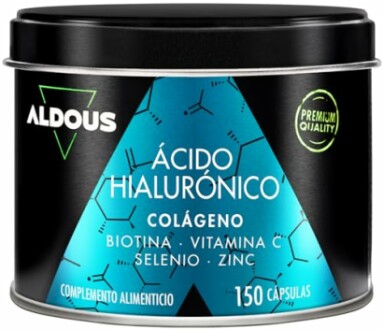 Envase de suplemento de ácido hialurónico con colágeno, biotina, vitamina C, selenio y zinc.