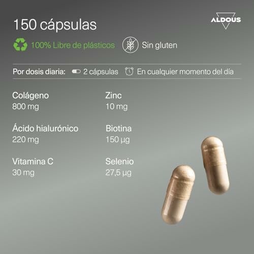 Suplemento de 150 cápsulas con colágeno, zinc, ácido hialurónico, biotina, vitamina C y selenio.