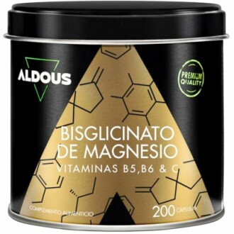 Envase de suplemento de bisglicinato de magnesio con vitaminas B5, B6 y C.