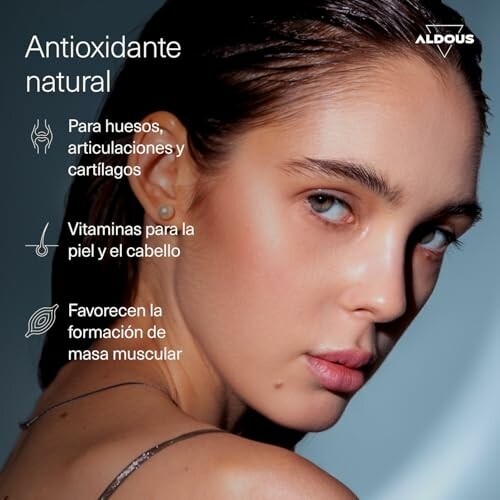 Mujer con texto sobre antioxidante natural y beneficios para la salud.