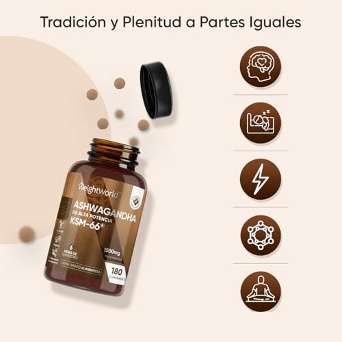 Botella de Ashwagandha con iconos de beneficios.
