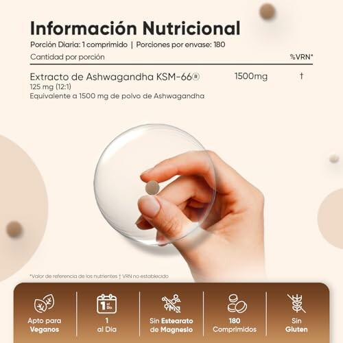 Información nutricional de suplemento de ashwagandha.