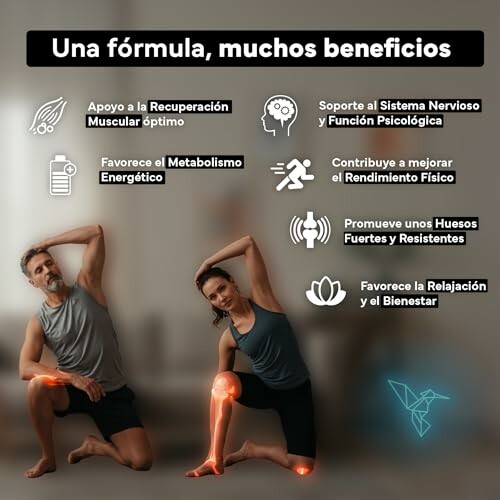 Dos personas haciendo ejercicio con lista de beneficios del suplemento.