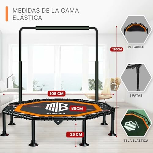 Cama elástica plegable con ocho patas y barra.