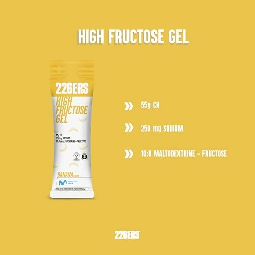 Gel de alta fructosa 22BERS con 55g de carbohidratos, 250mg de sodio, y relación 10:8 de maltodextrina a fructosa.