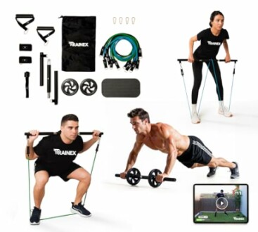 Kit de entrenamiento en casa con bandas de resistencia y accesorios.