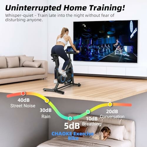 Mujer entrenando en bicicleta estática en casa con gráficos de nivel de ruido.