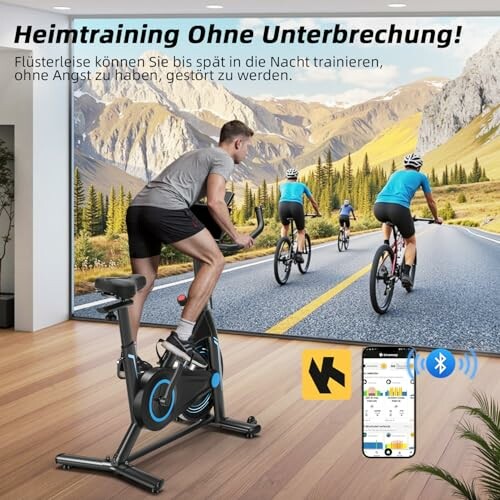 Persona entrenando en bicicleta estática con pantalla de ciclistas en carretera.