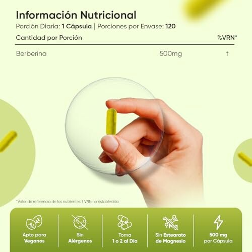 Información nutricional de cápsula de berberina.