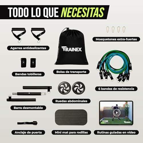 Kit de entrenamiento con bandas, ruedas y accesorios.