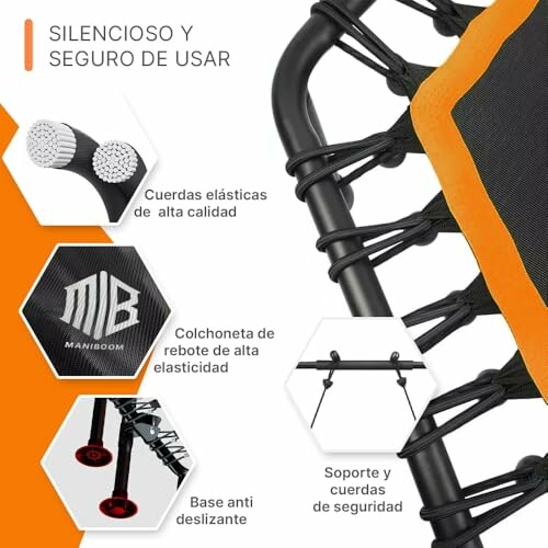Características del mini trampolín, incluyendo cuerdas elásticas y base antideslizante.