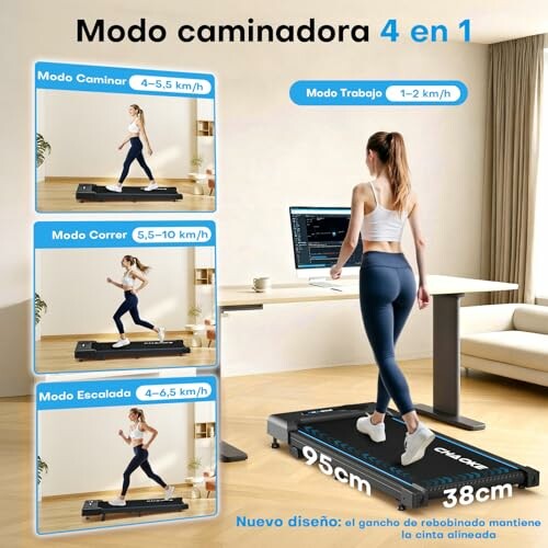 Cinta de correr 4 en 1 con modos caminar, correr, escalar y trabajo.