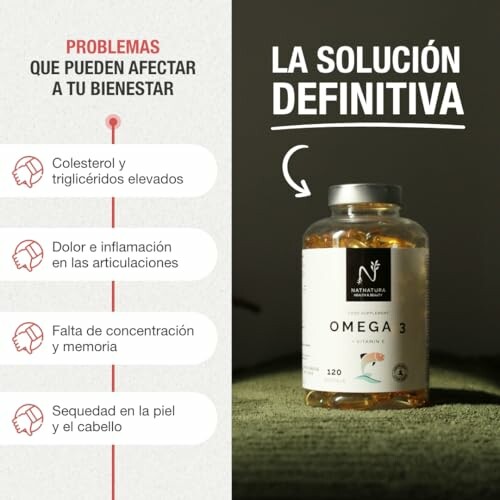 Frasco de Omega 3 con beneficios listados.