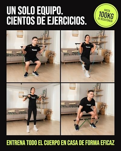 Personas haciendo ejercicios con bandas de resistencia en casa.