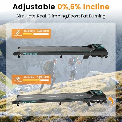 Cinta de correr ajustable con inclinación del 0% y 6%, simulando escalada real.