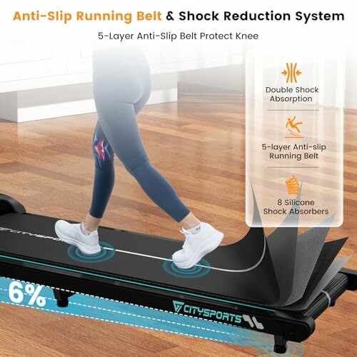 Persona caminando en una cinta de correr con sistema antideslizante y reducción de impacto.