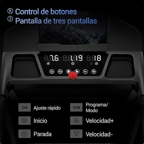 Consola de cinta de correr con controles y pantalla.