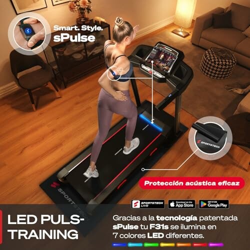 Mujer corriendo en cinta con tecnología LED avanzada.